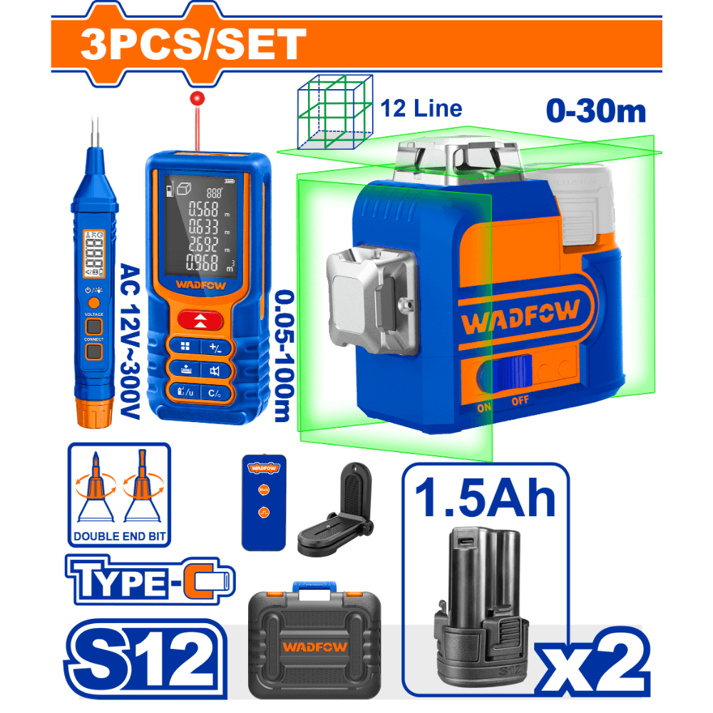 [WLDK2902] 12V 12 Line 3D طقم متر ليزر ومفك تست خارجي ليزر شقلة اخضر Price 177.60$