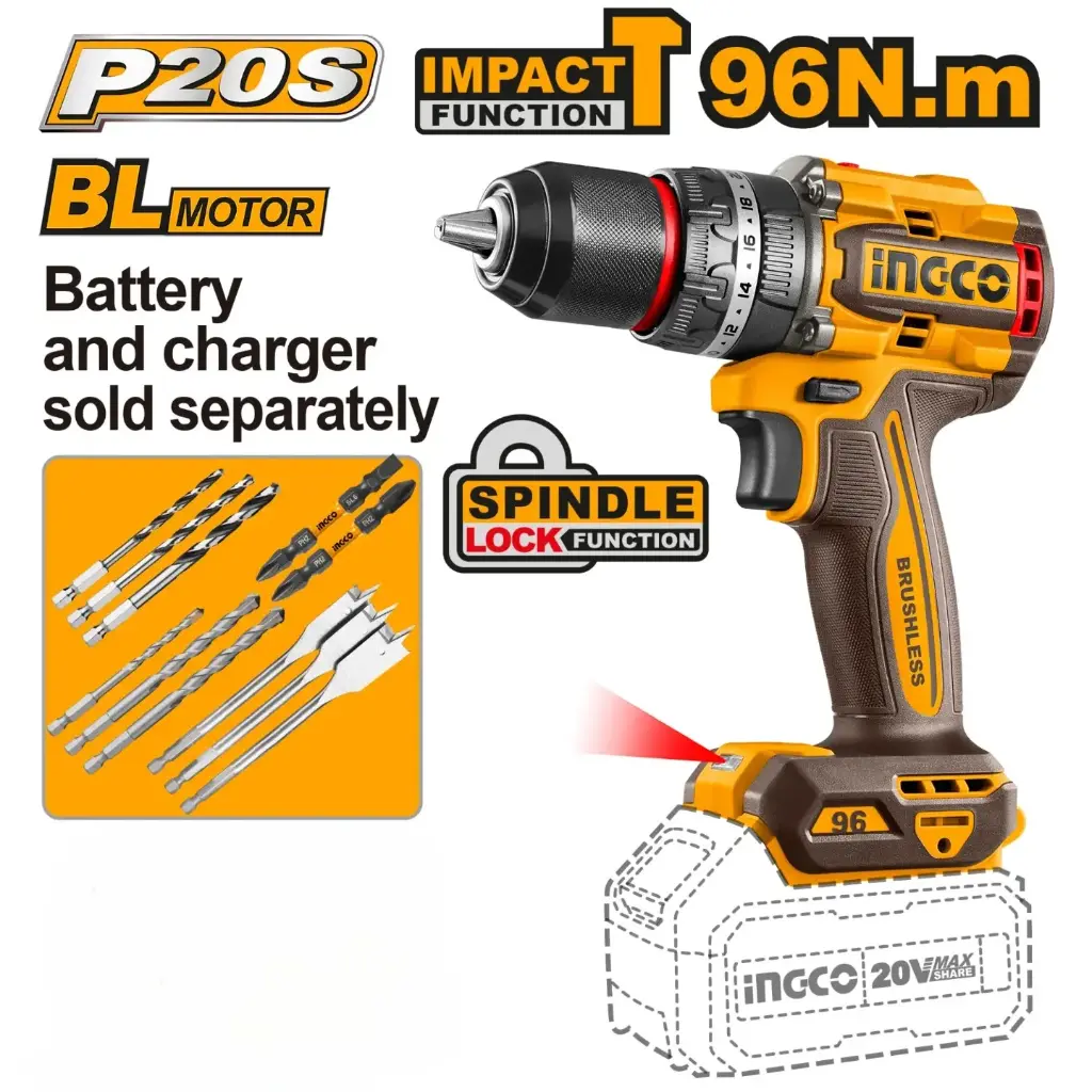 [CIDLI209681-F] Brushless Cordless Impact Drill 96n.m فدار Price 74.40$