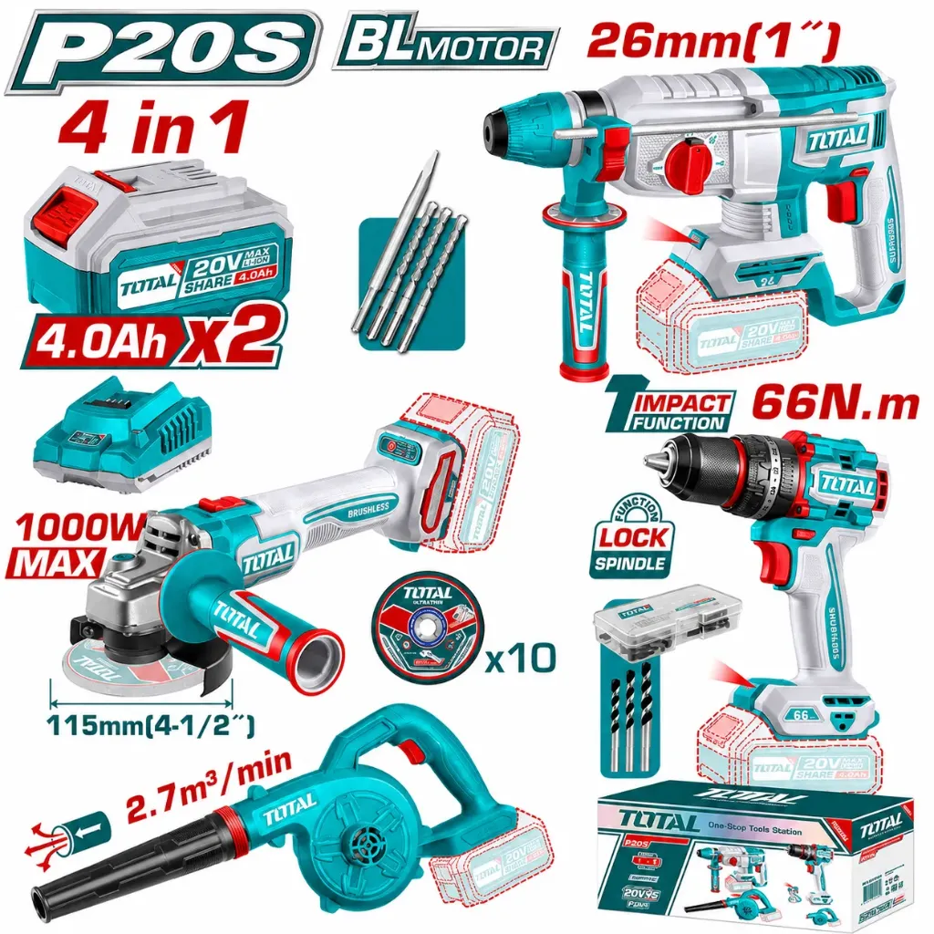 [TCKLI2502101] 4Pcs Combo Kit (Rotary Hammer + Impact Drill + Angle Grinder + Blower) Price 200$
