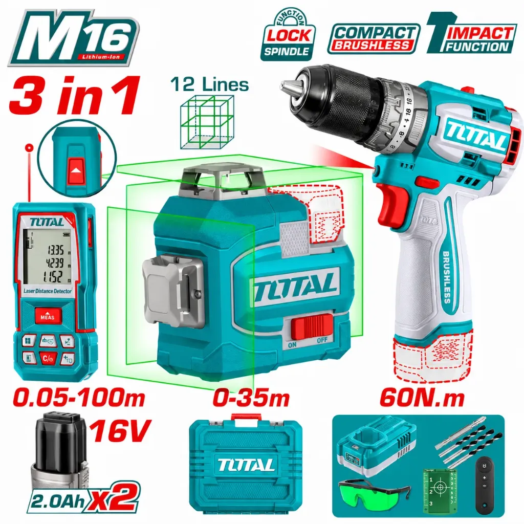 [TOSLI250101] 3 in 1 Combo kit (Drill + Leveling Laser + Laser Distance Measurer) Price: 194.25$