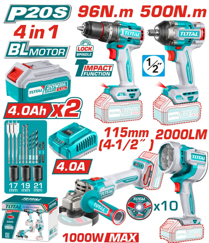 [TOSLI241292] 4Pcs Combo Kit (96n.m Drill+Angle grinder+Impact Wrench 500n.m+Lamp) Price 194.25$