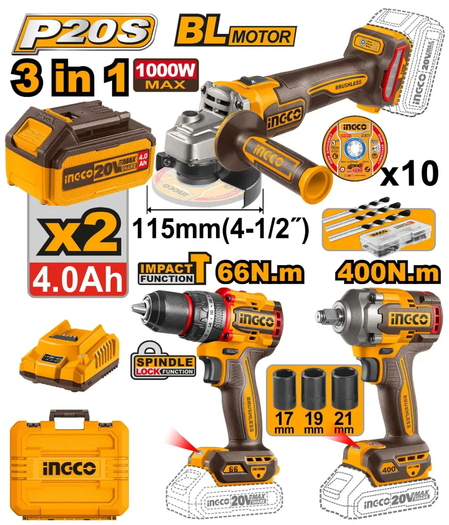 [COSLI241291] 3Pcs Combo Kit ( Impact wrench 400n.m + Angle Grinder + Impact drill 66n.m ) With 2pcs 4ah Batt