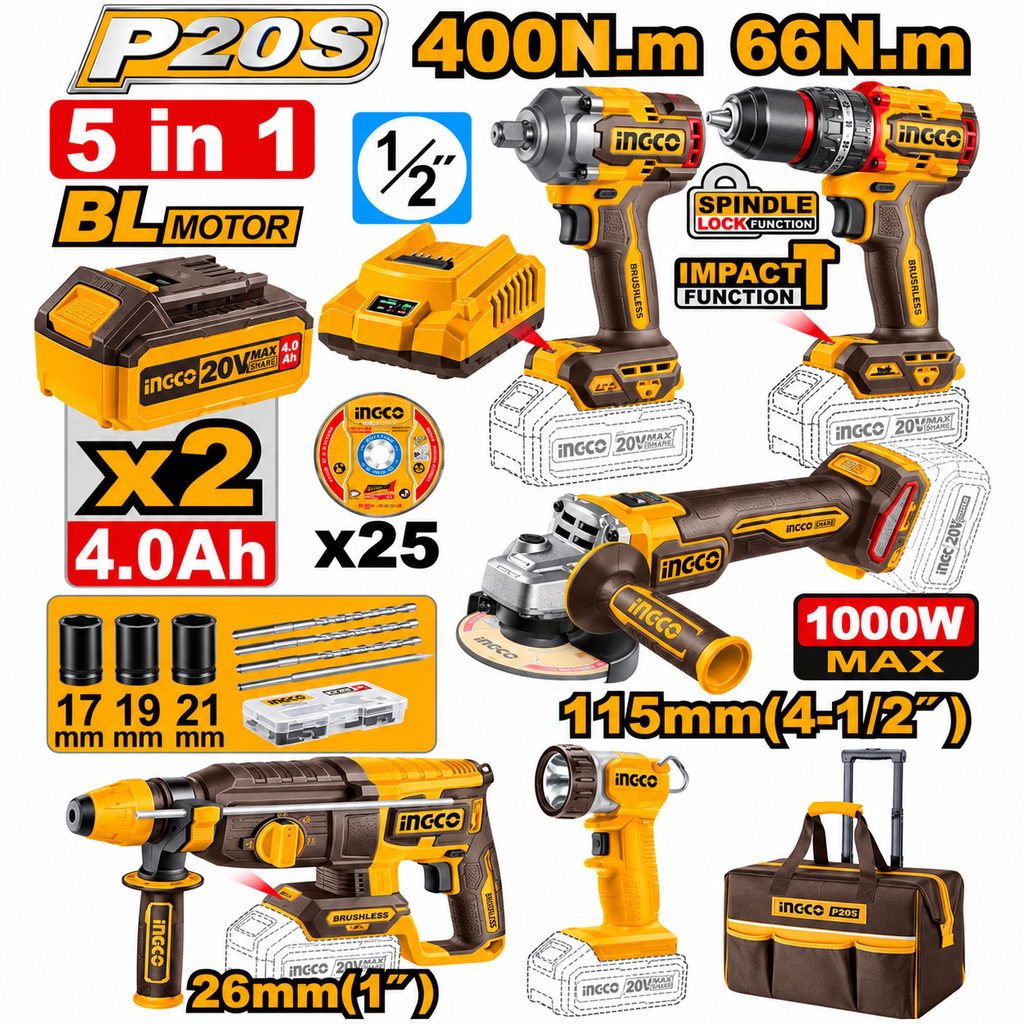 [CKLI2059]  5Pcs 20V 2Batt 4Ah مجموعة مقادح+صاروخ+انتريك+شنطة تلسكوبيك+اكسسوار Price : 277.45$