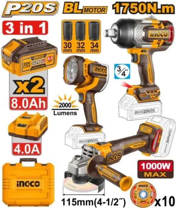 [COSLI250593] 20V 2Batt 8Ah+Char+Box صاروخ  1750N.m 3/4"مجموعة بروجكتور +فرد شد عزق