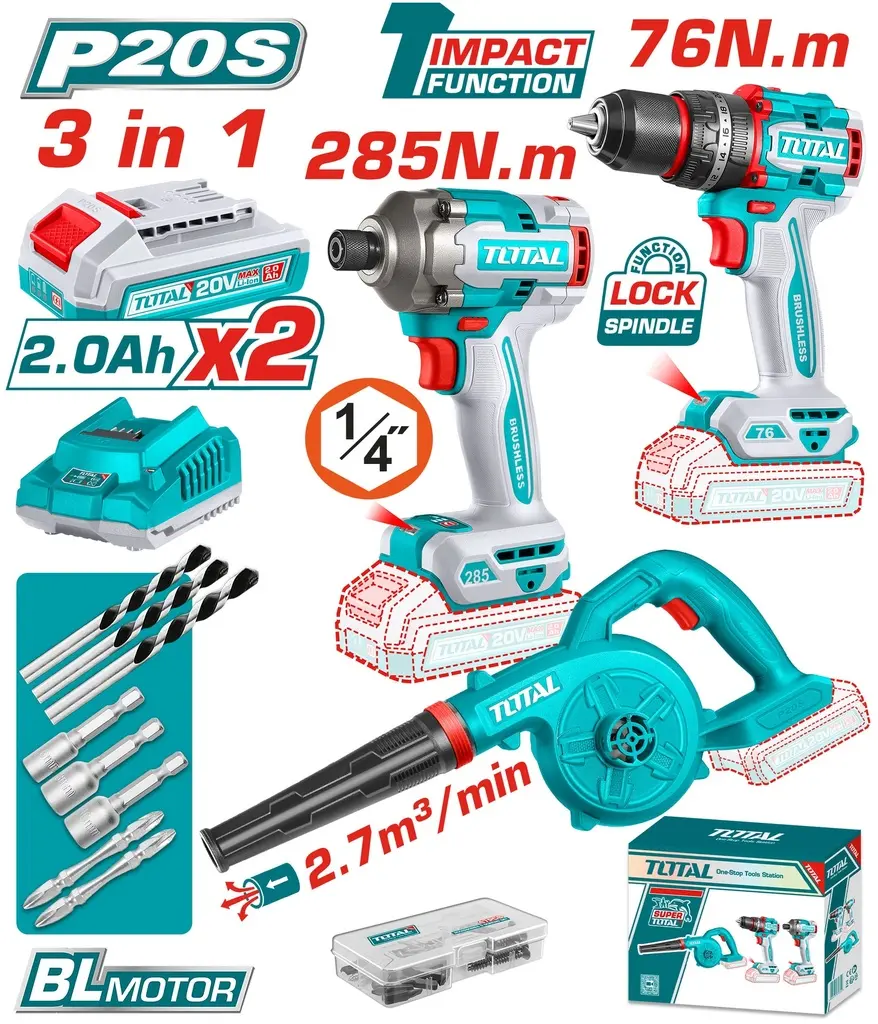 [TOSLI250182] Cordless 3 Pcs Combo Kit مقدح تورك + مقدح رجراج 76 نيوتون + بلور