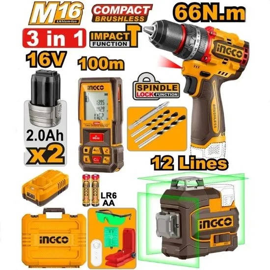 [COSLI250995] 16V 2Batt 2Ah مجموعة ثلاث قطع متر وشقلة ليزر مع مقح رجراج