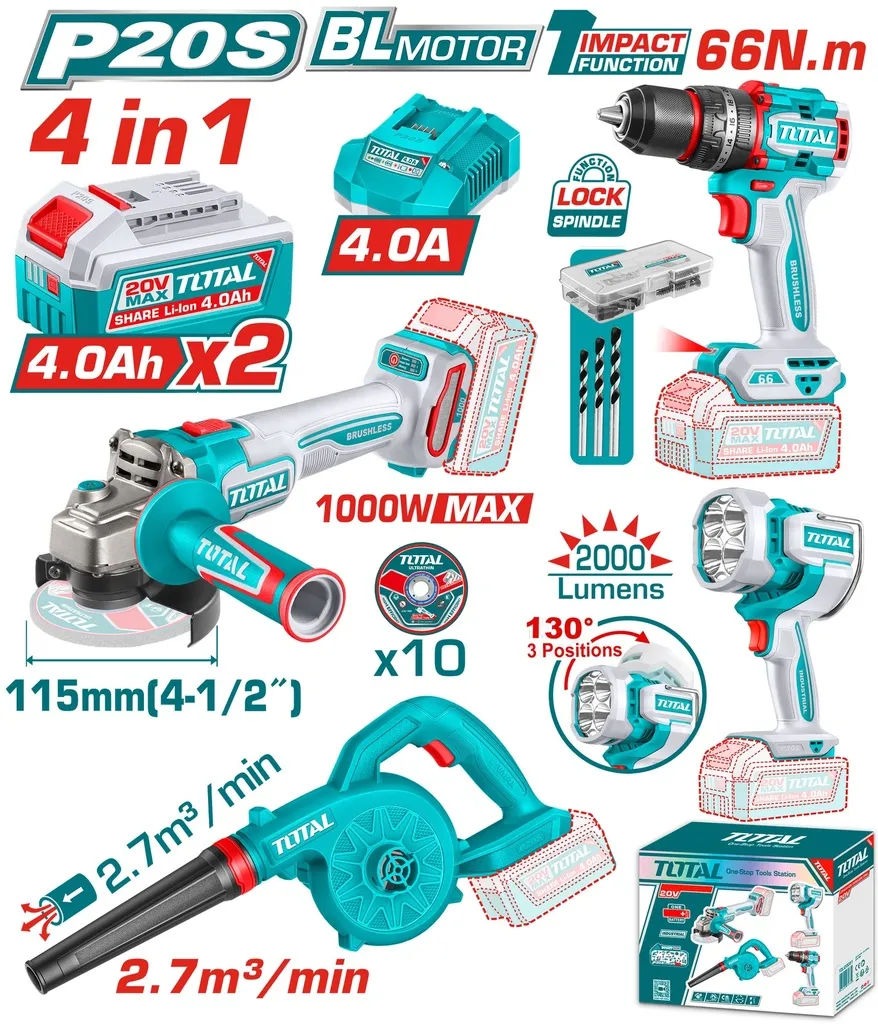 [TOSLI250993] Cordless 4pcs Combo Kit  مقدح+جلخ+بلور+بروجكتور Price 170$