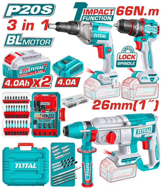 [TOSLI250591] Cordless 3pcs 66N.m Drill+Drywall screwdriver+26mm Rotary Hammer Price 226$