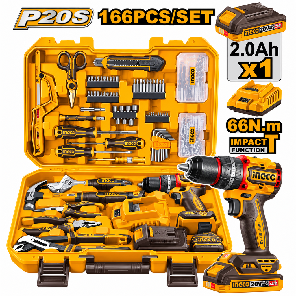 [HKTHP41662] 166Pcs 20V 1 Batt+Char 66 N.m طقم عدة + مقدح بطارية