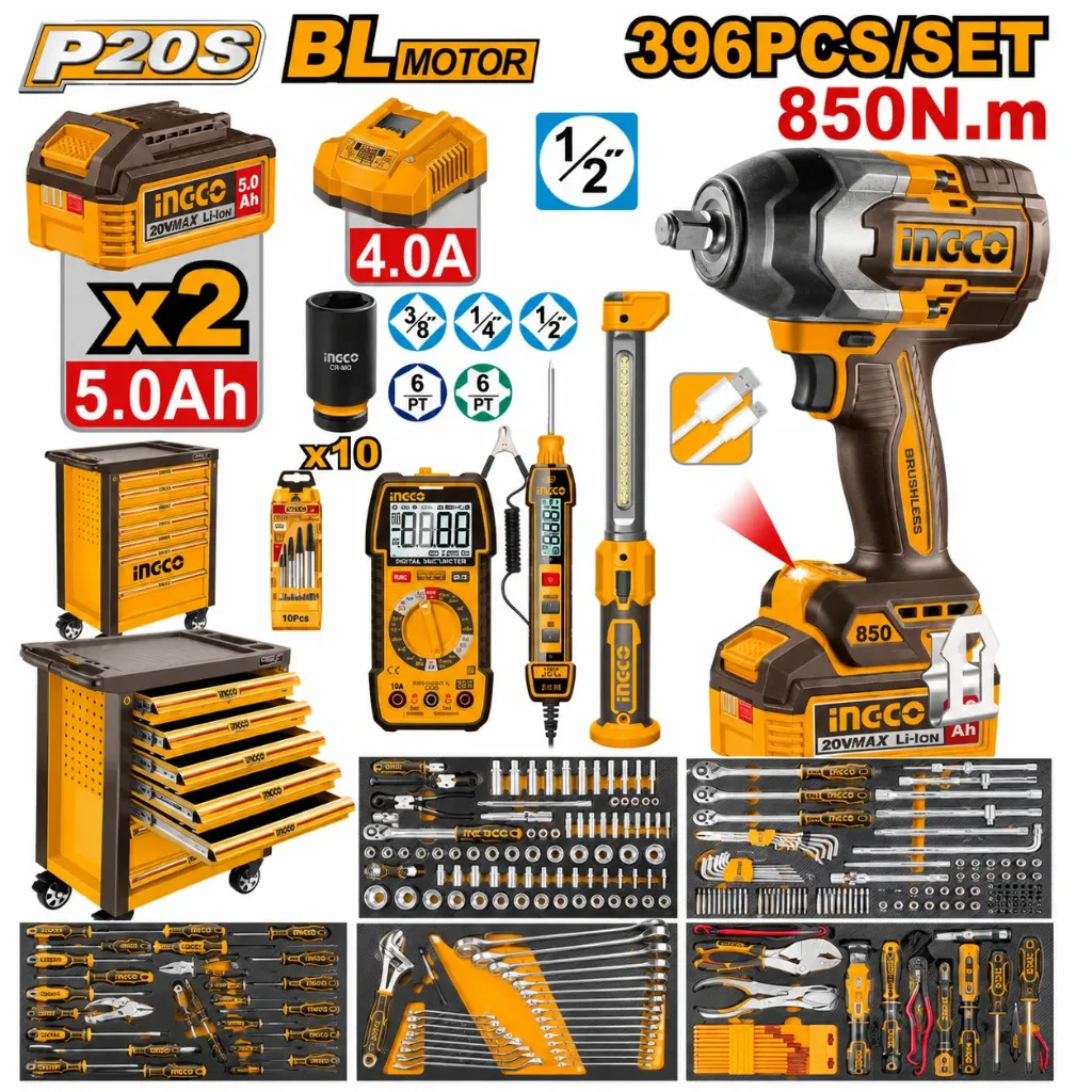 [HTCS283962] 396Pcs/Set 850N.m خزانة عدة ميكانيك بدواليب 7 جوارير مع فرد شد عزق بطارية