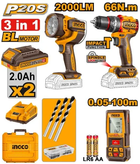 [COSLI250885] 20V 2 batt 2Ah +1 Charg+Box+ 66N.m مجموعة بروجكتور + متر ليزر + مقدح