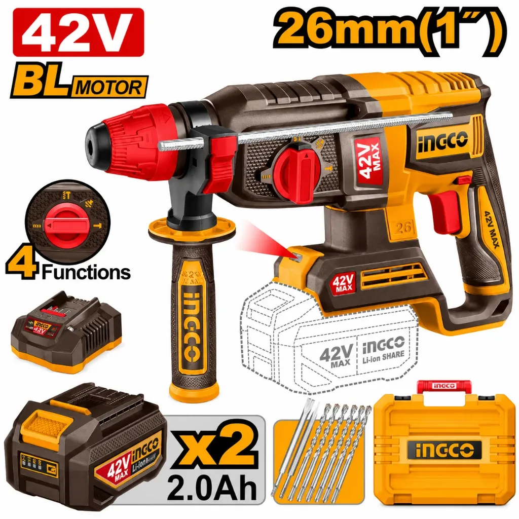 [CRHLI422682] 42V 2Batt 2Ah+Char+Box 26mm BL برم وتكسير بطارية SDS مقدح
