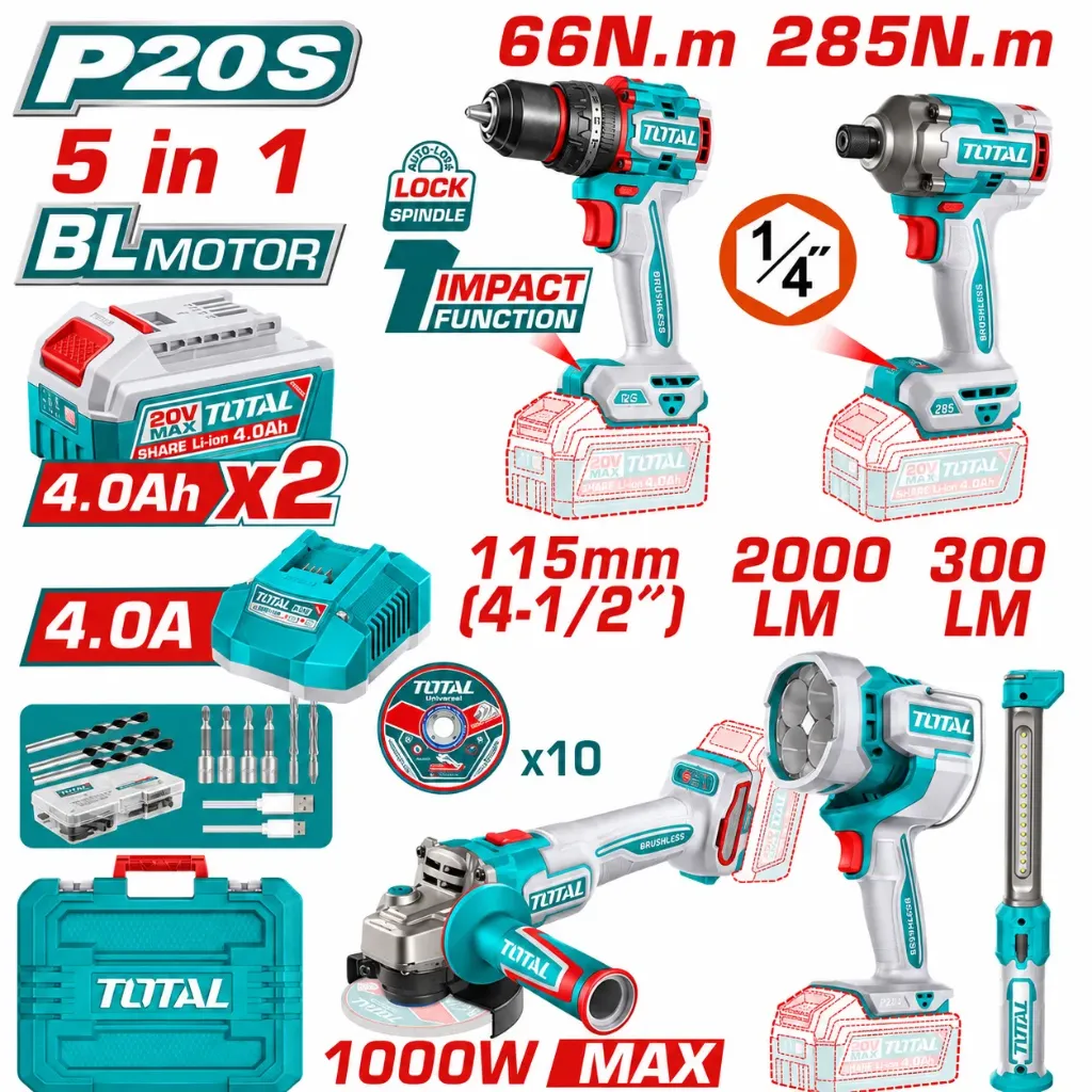 [TOSLI250692] 5 in1 Combo 66N.m Drill + 285N.m Impact Driver + 1000W Grinder + Projector + Lamp Price 200$