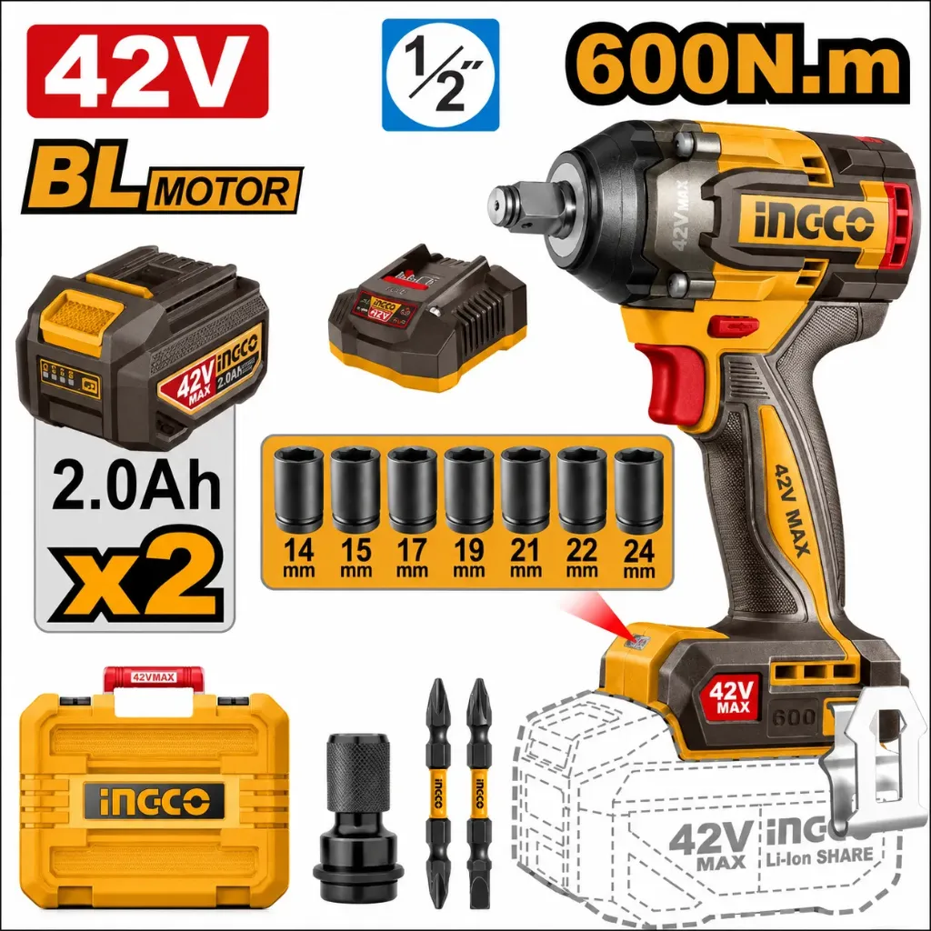 [CIWLI42602] 42V 2Batt 2Ah+Char+Box BL 600N 1/2" فرد شد عزق بطارية
