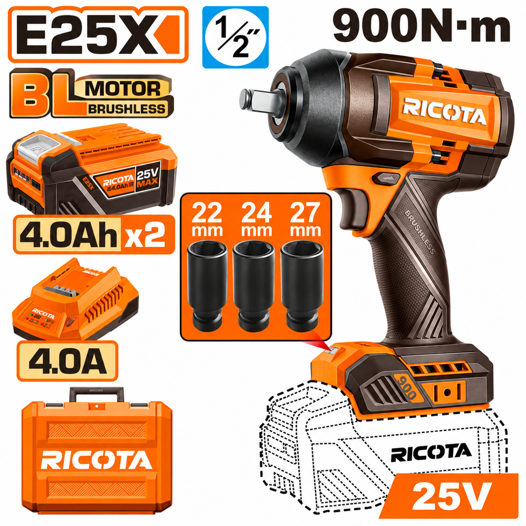 [RLEWH25900] 25V 2Batt 4Ah+Box 900N.m فرد شد عزق بطارية صناعي