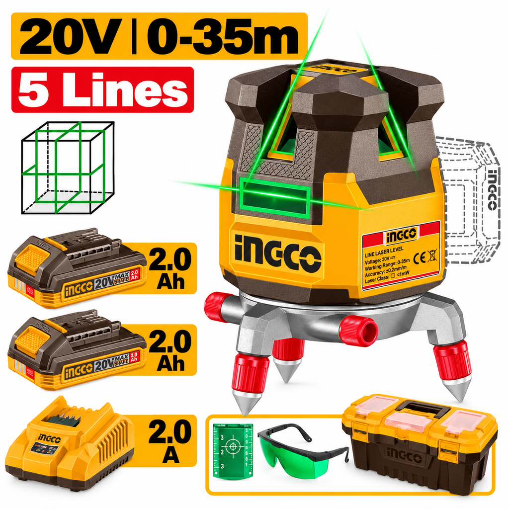 [HLL3053085] 20V 2x2Ah 0~35m ليزر شقلة خمس خطوط اخضر