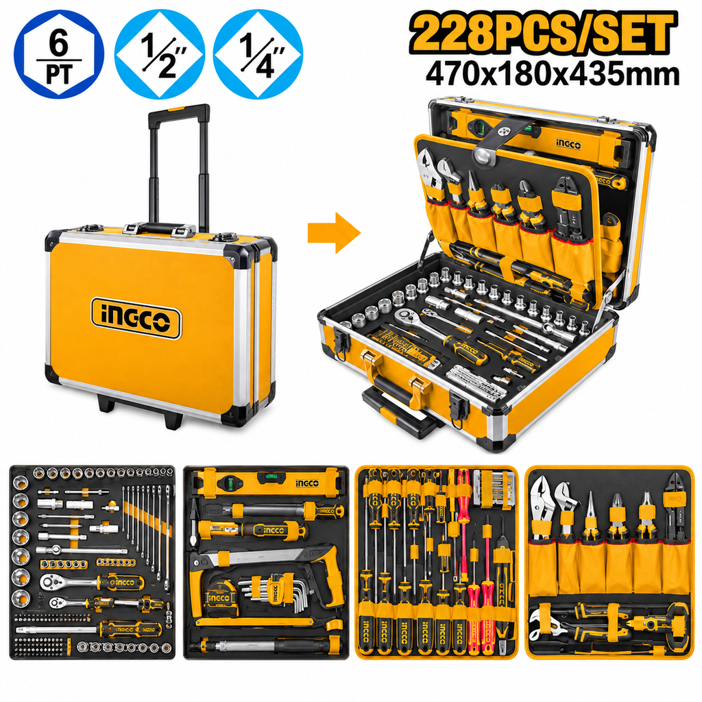 [HKTHP52288] 228Pcs طقم عدة يدوية 4 طبقات مع شنطة المنيوم بدواليب